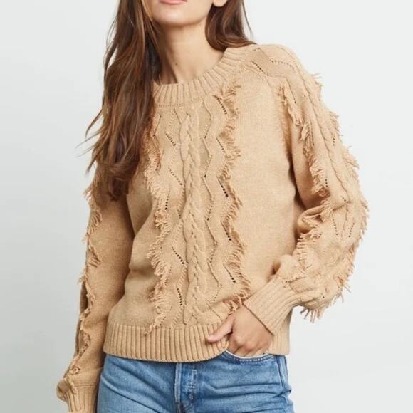 Rails Tan Francis Cable & Fringe Cotton Blend Sweater Pullover Warm Comfy Size L - Picture 1 of 6